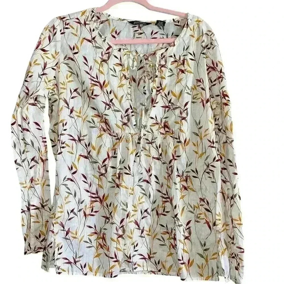 Eddie Bauer Leaf Print Peasant Blouse Fall Foliage Keyhole Cotton Size Medium - Picture 1 of 3